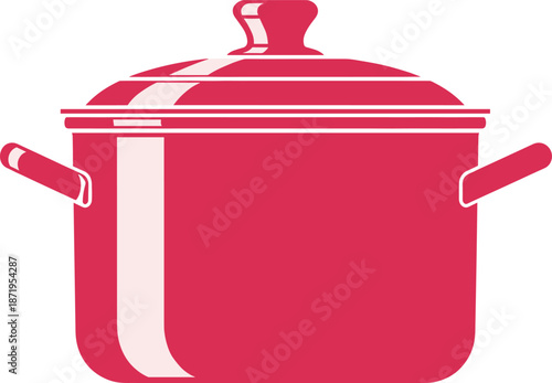 Stylized red cooking pot with lid and handles for kitchenware, recipe design, and culinary illustration themes