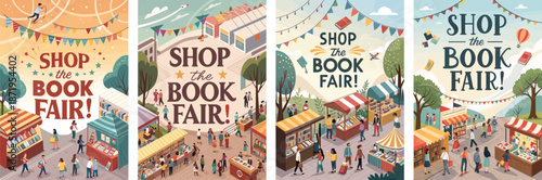 Vibrant book fair marketplace creative posters showcasing a bustling community event
