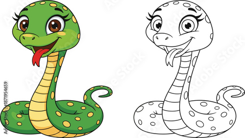 Cute cartoon green snake with big eyes and matching black-and-white coloring page for kids’ activities and learning