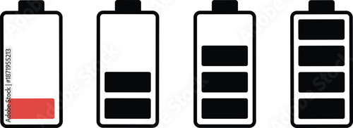 Charging icon. Battery charge vector set. Charging empty battery to full sign. Low power level recharge to full. Isolated battery set.