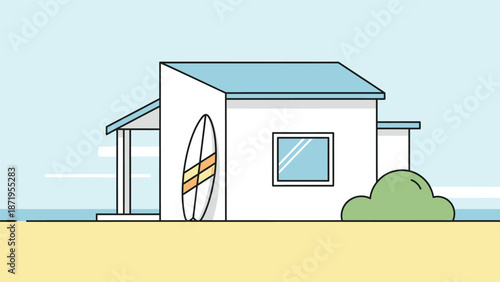 A white beach house with blue roof and surfboard leaning against it, set against a serene ocean backdrop with green bush.