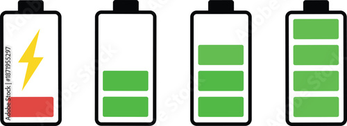Charging icon. Battery charge vector set. Charging empty battery to full sign. Low power level recharge to full. Isolated battery set.