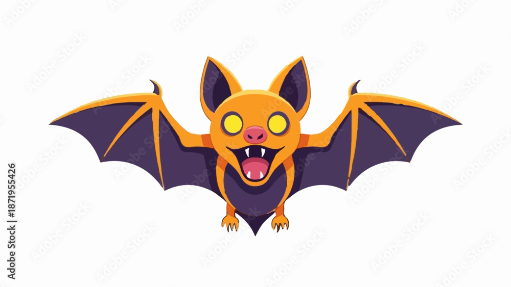 Obraz premium A cartoon orange bat with large yellow eyes and purple wings flies forward