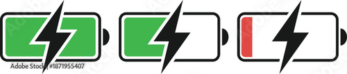 Charging icon. Battery charge vector set. Charging empty battery to full sign. Low power level recharge to full. Isolated battery set.