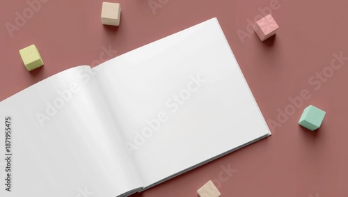 Open square children's book mockup with colorful blocks for design inspiration