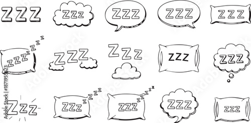 Modern ZZZ Sleep Line Icon Set Minimalist Snooze Symbols with Sleeping Faces and Night Cap for UI UX Design