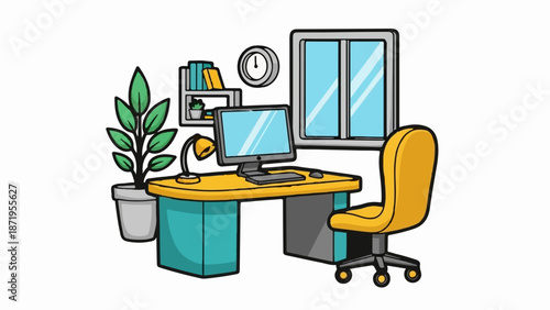 A cartoon office desk with a computer, chair, plant, lamp, and clock