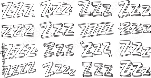 Comic Style Zzz Sleep Lettering Set with Cartoon Onomatopoeia and Dreamy Text Elements