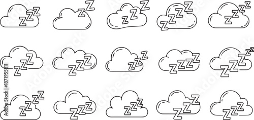Sleep Icon Set with Cloud and ZZZ Symbols for Bedtime Apps and Night Mode Interface Design