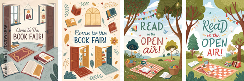 Outdoor book fair posters featuring nature and cozy reading scenes promoting literary events