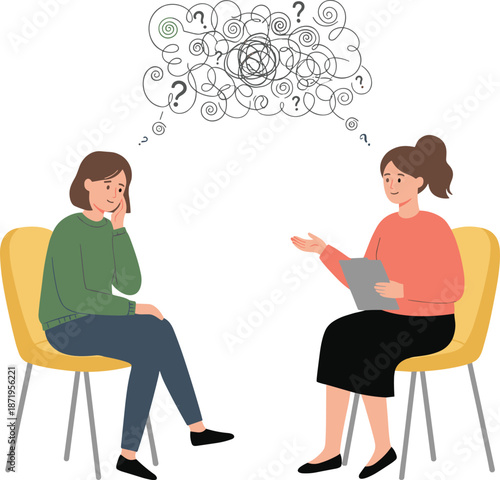 Counseling session with therapist and stressed woman discussing mental health issues in a supportive environment illustration