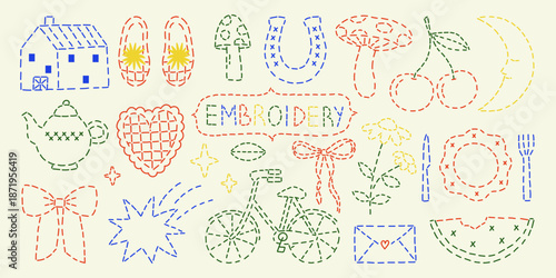 Embroidery stitches doodle illustrations. Dashed line vintage needlecraft clipart. Hand-made cottagecore sewing elements. Vector design