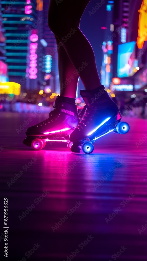 Obraz premium Silhouette roller skating in vibrant neon urban scene at night