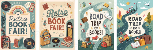 Four creative posters announcing a fun book fair road trip adventure