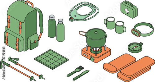 Isometric camping gear illustration featuring backpack, stove, cookware, hiking equipment, first aid kit and outdoor essentials, minimalist vector design for travel and adventure concepts
