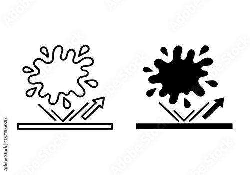 Two distinct iconographic representations of a splash effect impacting a surface, one outlined and the other solid black, symbolizing a visual impact or coating application