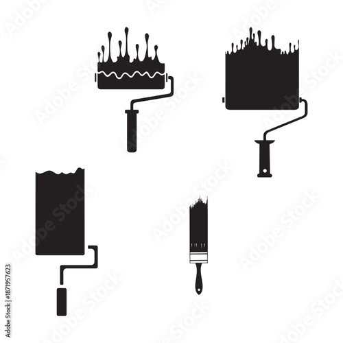 paint roller and paint brush with dripping paint silhouettes