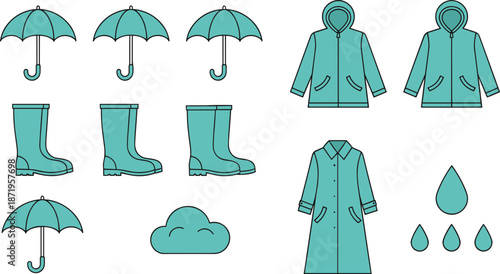 Rainy weather icon set featuring umbrellas, rain boots, raincoats, cloud and water drops, minimalist flat vector illustration for forecast, autumn and wet season designs
