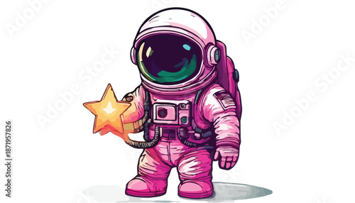 Cartoon Astronaut Holding a Star with Pink and White Suit.