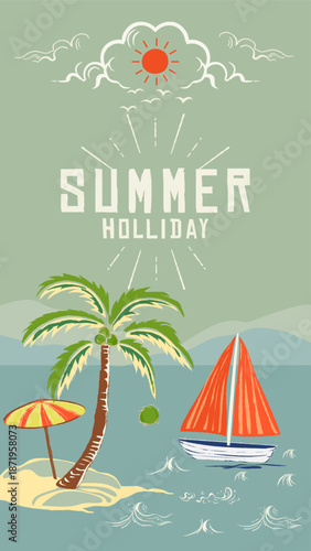 Tropical summer beach holiday landscape with palm tree silhouettes and a sunny sunset sky over the sea island vector illustration