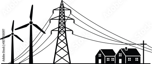 Renewable energy and power transmission illustration showing wind turbines, high voltage lines, electric grid infrastructure and residential electricity distribution concept