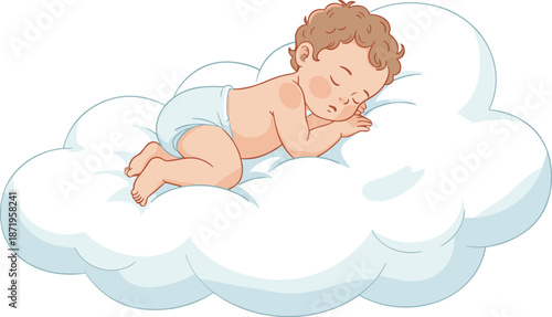 Cute sleeping baby cartoon illustration resting on soft cloud, peaceful nursery artwork for children, bedtime themes, baby shower designs and sweet dreams concept