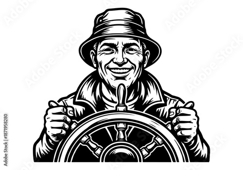 A happy fisherman wearing a hat and jacket, confidently steering a ship's wheel with both hands, an illustration of a maritime professional