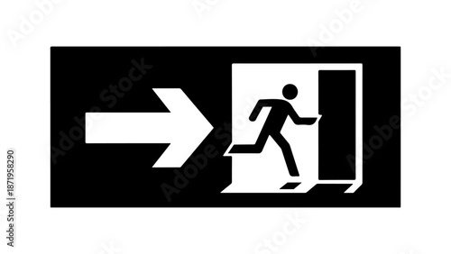 Emergency exit sign with a person running towards a bright opening, indicating a safe escape route and safety procedure