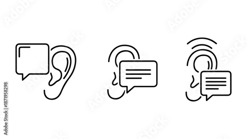Audio wave icons depicting sound waves coming from speech bubbles next to an ear, representing hearing and communication