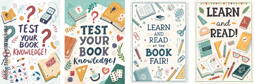 Creative book fair workshop posters featuring learning reading and quiz themes