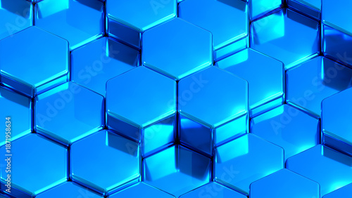 Blue metal hexagons geometric background, minimal  honeycomb pattern wallpaper.