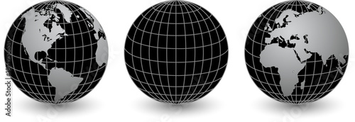 Earth globe 3D icons silver black, planet earth with meridians and parallels, 3D international business logo.