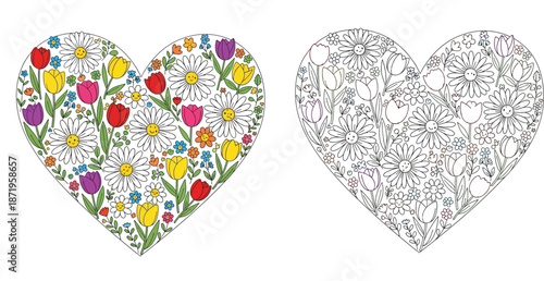 Cute floral heart doodle set with colored and outline versions. Vector illustration of tulips and daisies with smiling faces for Valentine's Day or coloring book page.