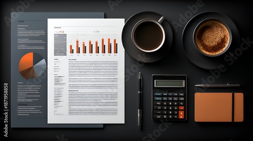 Aerial view shows financial report, calculator, coffee, and stationery set neatly arranged on a dark work table offe a professional workspace.
