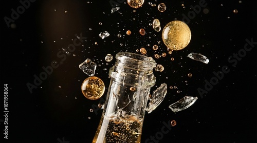 Dynamic close-up of a champagne bottle exploding with liquid and glass shards flying against a dark background.