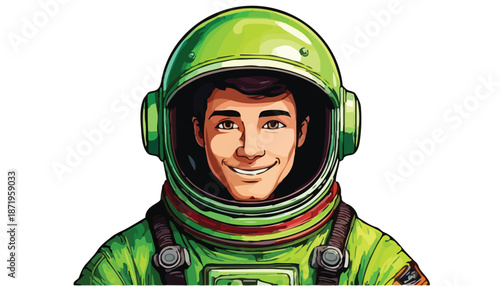 Astronaut in Green Suit and Helmet Smiling Confidently.