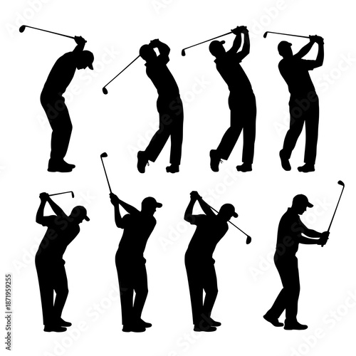 Minimal Golf Swing Motion Silhouettes Vector Collection with Dynamic Golfer Action Poses