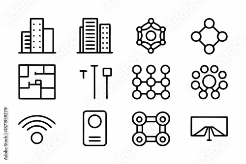 32 vector icons illustrating a smart city environment. Focus on connected street lights, automated traffic signals, waste management sensors, public Wi-Fi zones, smart parking meters, and surveillance
