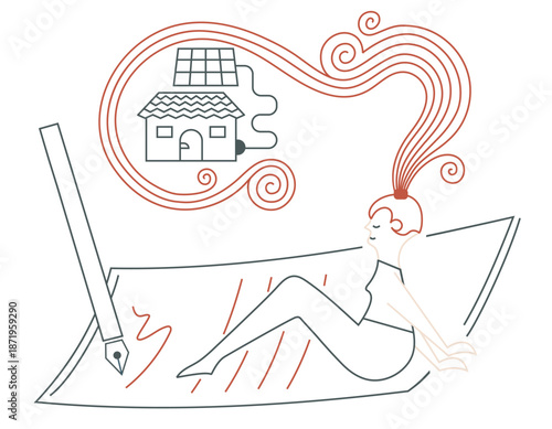 Woman signing a contract for a house with solar panels — minimalist line art illustration