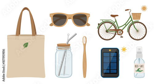 Sustainable summer travel icon set with canvas tote bag brown sunglasses retro bicycle glass tumbler bamboo toothbrush smartphone and succulent terrarium perfect for eco vacation green lifestyle