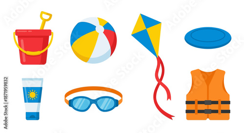 Colorful beach summer play icon set with sand bucket beach ball flying kite blue frisbee sunscreen bottle sunglasses and orange life vest perfect for seaside vacation water safety outdoor fun
