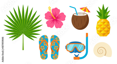 Tropical summer vacation icon collection with palm leaf pink hibiscus coconut drink pineapple flip flops snorkel mask and seashell perfect for beach paradise resort holiday travel