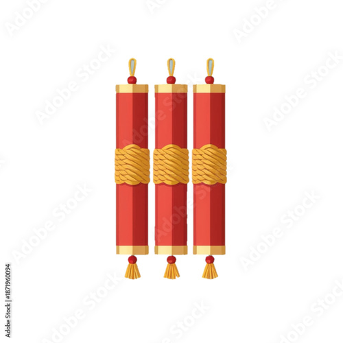 flat illustration icon of chinese firecrackers, red cylindrical shapes with gold rope, minimal flat vector style, isolated on solid background