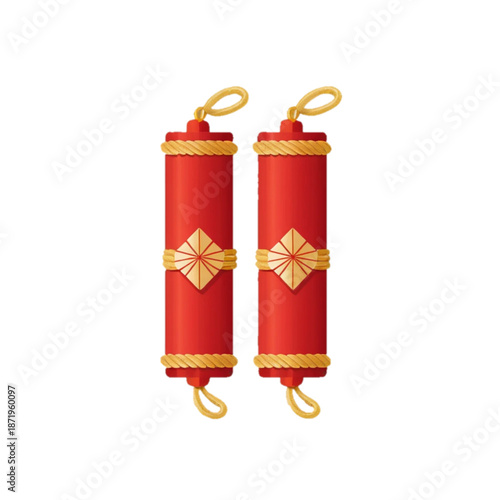 flat illustration icon of chinese firecrackers, red cylindrical shapes with gold rope, minimal flat vector style, isolated on solid background