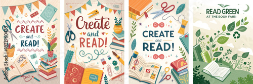 Creative eco-friendly book fair posters featuring inspiring quotes and floral designs
