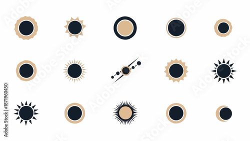 Collection of various sun and eclipse icons in different styles displayed together on a clean background from a direct viewpoint