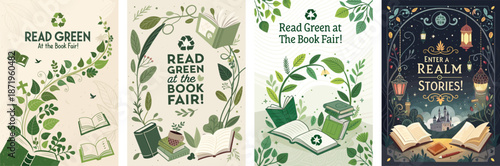 Magical book fair creative poster designs featuring whimsical typography and botanical elements