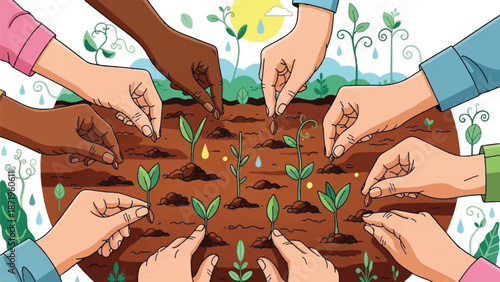 Diverse hands planting green seedlings together in soil outdoors under sunlight from above