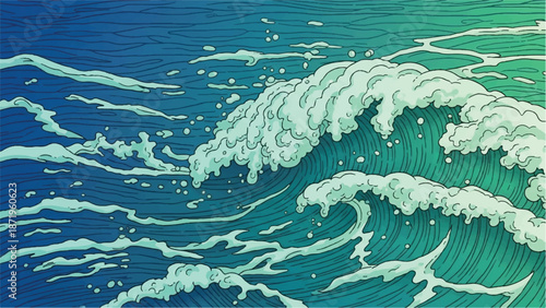 Crashing ocean waves viewed from a low angle, showcasing turquoise water, splashes, and foamy sea foam in a serene marine environment