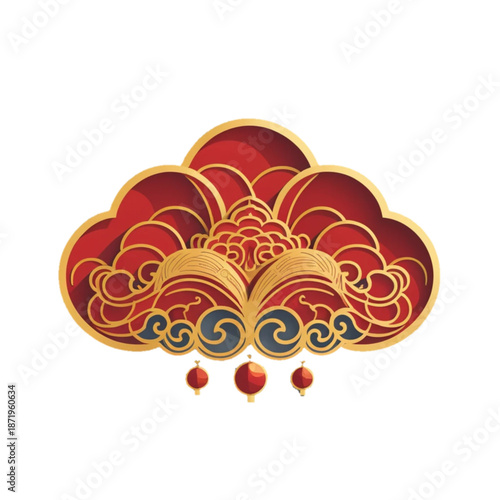 flat icon of traditional chinese cloud ornament, red and gold colors, smooth curved shape, minimal flat vector design, isolated on plain background